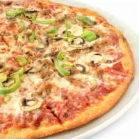 Small Classic Gluten Free Thin Crust Pizza · Sausage, mushrooms, onions, green bell peppers. Made with Mariposa gluten-free thin crust.