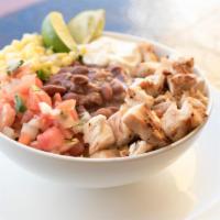 Burrito Bowl · Rice, beans, corn, lettuce, pico de gallo, sour cream with your choice of protein