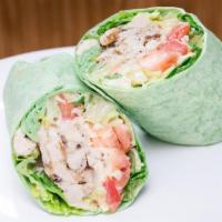 Chicken Caesar Wrap · Grilled chicken with romaine lettuce, tomatoes, mozzarella cheese and caesar dressing.