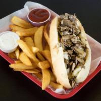 Philly Cheese Steak Sandwich with Fries · Mushrooms and onions.
