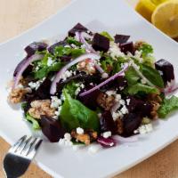 Roasted Beet Salad Lunch · Roasted red beets, mixed greens, fresh spinach, caramelized walnuts, goat cheese and balsami...