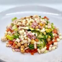 Chopped Salad Lunch · Chopped romaine, tomatoes, garbanzo, corn, Italian antipasto, chopped ham, chopped chicken, ...