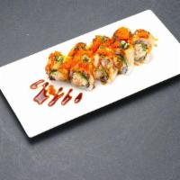 Baked Salmon Roll · Cucumber, crab meat, avocado with baked salmon, masago, green onion, and eel sauce on top.