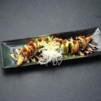 Dragon Fly Roll · Shrimp tempura, cucumber, spicy tuna with eel, avocado, serrano, eel sauce, spicy mayo, and ...