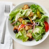10. Small Vegetarian Garden Salad · Sliced fresh lettuce, cucumber, tomatoes, green salad mix and onions topped with olive oil a...