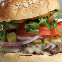 Cheeseburger · Antibiotic-free beef, cheddar cheese, chopped pickles, B.GOOD sauce, lettuce, tomatoes, red ...