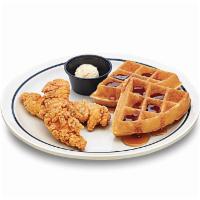 Jr. Chicken & Waffles · Two buttermilk crispy chicken breast strips & 2 Belgian waffle quarters.