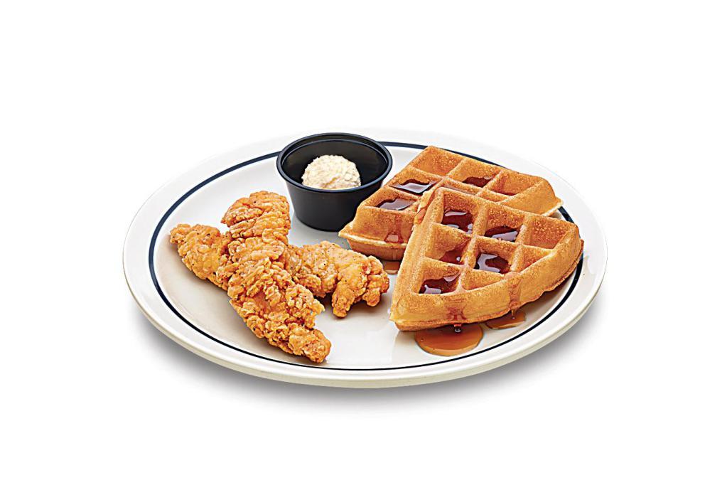 Jr. Chicken & Waffles · Two buttermilk crispy chicken breast strips, made with all-natural chicken & 2 house-made Belgian waffle quarters.