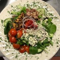 Mediterranean Salad · Romaine, mixed greens, cherry tomatoes, cucumber, roasted bell pepper, candied walnuts, onio...