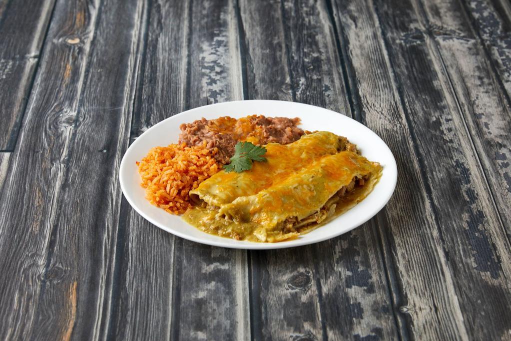 Chile Verde Enchiladas · 2 soft corn tortillas stuffed with chunks pieces of pork and topped with green tomatillo sauce, melted cheese and sour cream. Served with rice and refried beans.