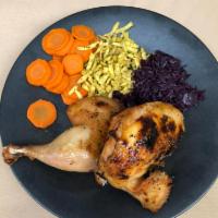 Bavarian Roast Chicken · served with spatzle, red cabbage, boiled carrots