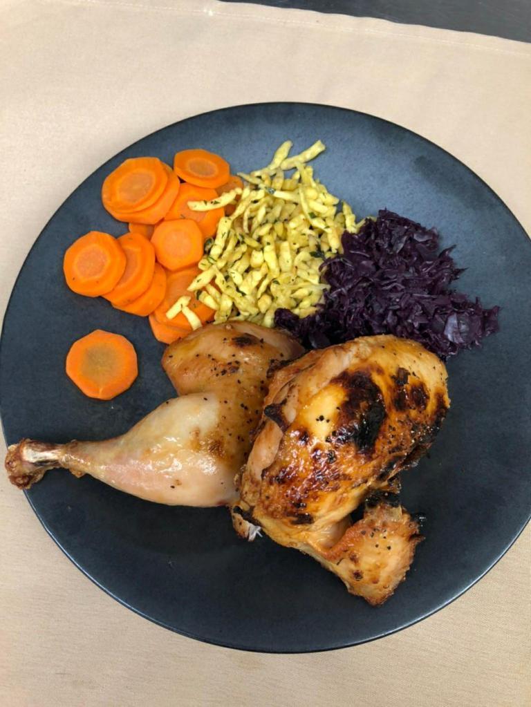 Bavarian Roast Chicken · served with spatzle, red cabbage, boiled carrots