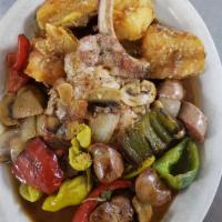 Country Pork Chop · Sweet Italian sausage, mixed bell peppers, onions, mushrooms, pepperoncini and crispy garlic...