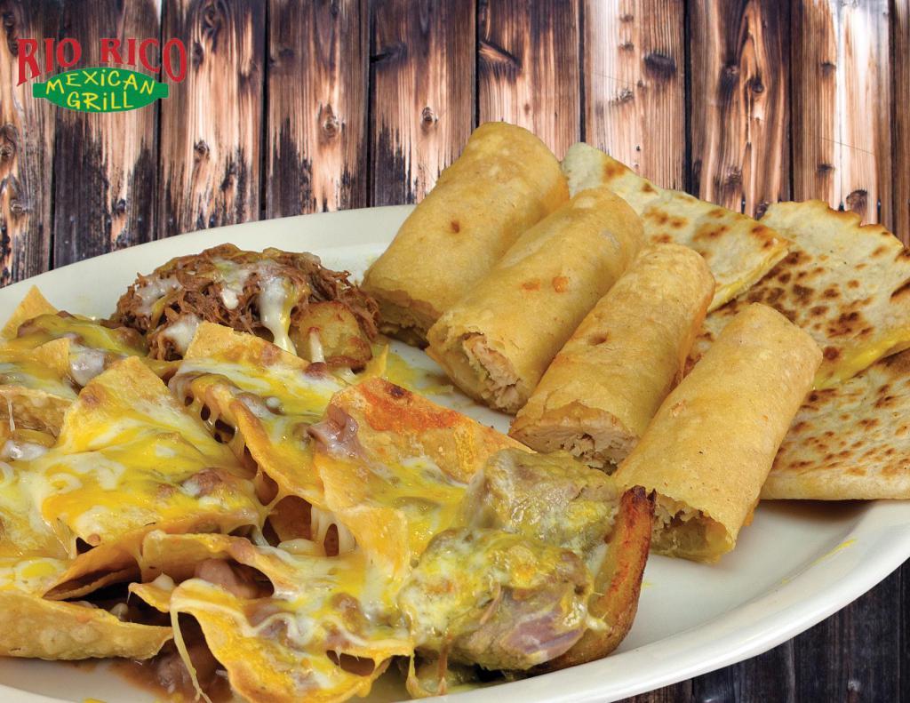 Sampler · Quesadilla, nachos, chicken taquitos and potato skins with chile verde pork and shredded beef.