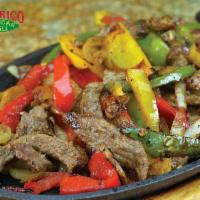 Steak Fajitas · Strips of seasoned steak grilled with onions and bell peppers. Served with rice, beans, flou...