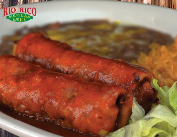 Two Small Chimichangas Combo Plate (#14) · Chicken, beef or bean and cheese topped with red or green sauce. Served with rice and beans.