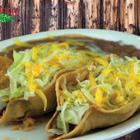 Two Tacos Combo Plate (#15) · Shredded chicken, shredded beef or ground beef tacos on crispy corn tortilla shells. Served ...