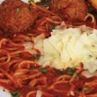 Spaghetti and Meatballs · Served with a side of garlic bread and Romano cheese. 