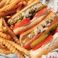 2 Chicago Vienna Beef Hot Dogs Served with Fries or Side Salad · Hot dogs served with mustard, relish, tomato, onion, pickle and sport peppers