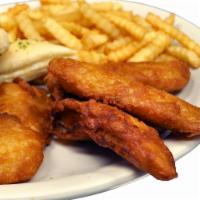 3 Piece Catfish Dinner · Served with french fries and a side salad.
