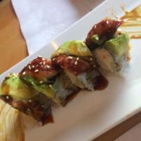 Dragon Roll · Eel and avocado on top of California roll with eel sauce.