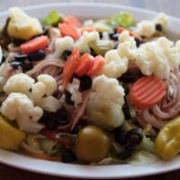 Antipasto Salad · Lettuce, red cabbage, ham, salami, mortadella, provolone, tomatoes, black olives, peppers, a...