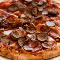 Meatlovers Pizza · Mozzarella, pepperoni, ham, Ameci meatballs, Canadian bacon, and Italian sausage.