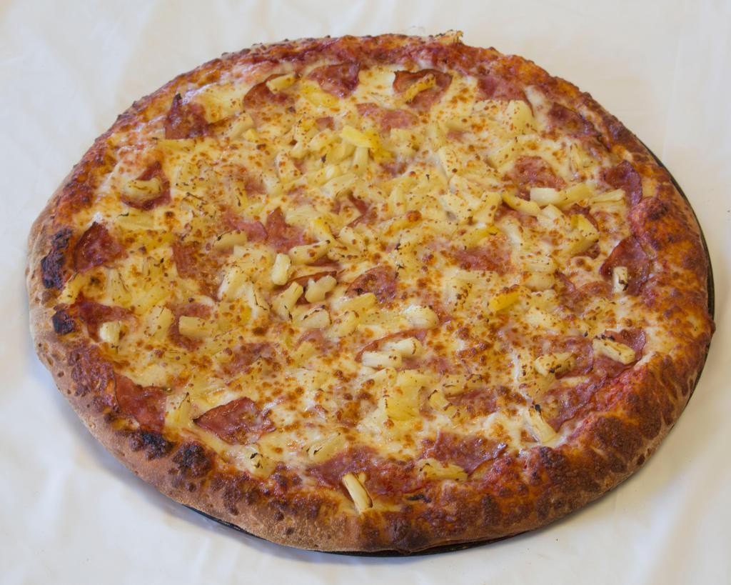 Hawaiian Pizza · Red sauce, mozzarella cheese, pineapple and ham-Canadian bacon.