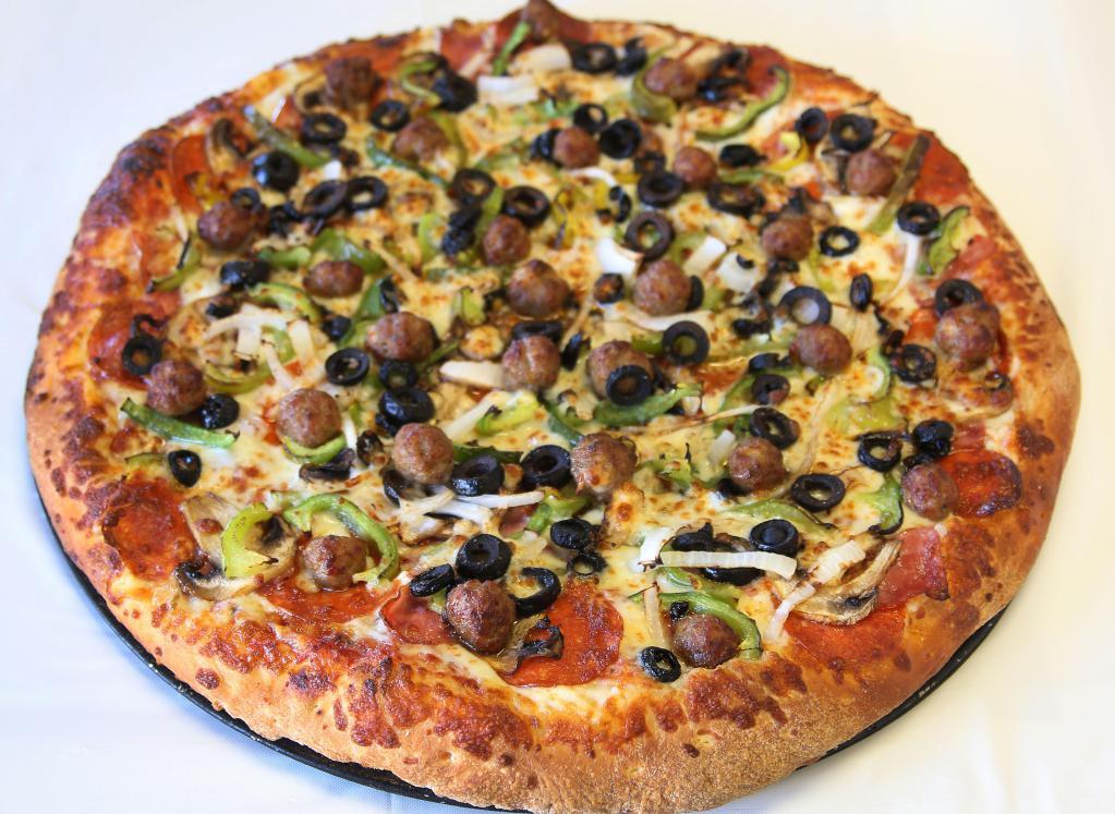 Combos Pizza · Red sauce, mozzarella cheese, mushrooms, bell peppers, onions, black olives, pepperoni, ham-Canadian bacon and Italian sausage.