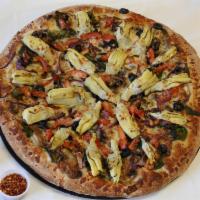 Gourmet Artichoke Pizza · Creamy garlic sauce, mozzarella cheese, artichoke, spinach red onion, tomatoes and mushrooms.