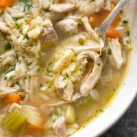 Chicken Vegetable Soup · Tender chicken pieces, tomatoes, onions, celery and carrots in a flavorful chicken stock.