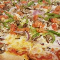 Veggie Pizza · Mushrooms, Green Peppers, Onions, Tomatoes and Mozzarella Cheese.