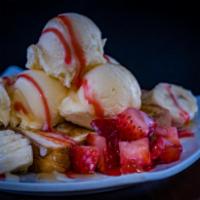 Original Okashi Toast · Honey toast, strawberries, bananas, vanilla ice cream, sweet cream, honey and strawberry syr...