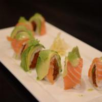 Sakura Roll · Spicy tuna topped with fresh salmon and avocado.8 Piece 