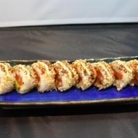 Samurai Roll · Salmon, avocado, cucumber, spicy mayo with crunches, eel sauce and wasabi mayo on top.