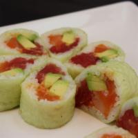 Hana Roll (Flower) · Tuna, salmon, avocado and spicy mayo wrapped in soy paper.
