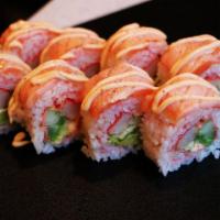 Tornado Roll · Seared salmon on top with imitation crab, crunch, avocado and spicy mayo.