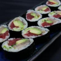 Tower Roll · Tuna, yellowtail, avocado, cucumber, cilantro, lettuce and spicy mayo.