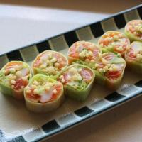 Midori Roll · spicy salmon, avocado, imitation crab, crunches, wrapped in soy paper and cucumber (no rice)