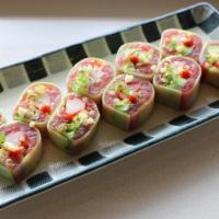 Tokyo Roll · tuna, imitation crab, avocado, crunches, spicy mayo, sriracha sauce and scallions, wrapped i...