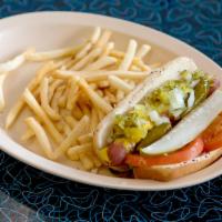 Chicago Hot Dog · Pure beef with mustard, onions, relish, pickle, tomatoes and sport peppers.