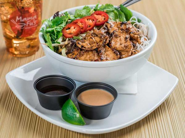 Vietnamese Vermicelli with Chicken · Rice vermicelli noodles with mixed greens, jalapenos, cucumbers, bean sprouts and herb mix. Topped with wok-seared chicken breast in hoisin barbecue sauce, and served with peanut sauce and Vietnamese dressing.