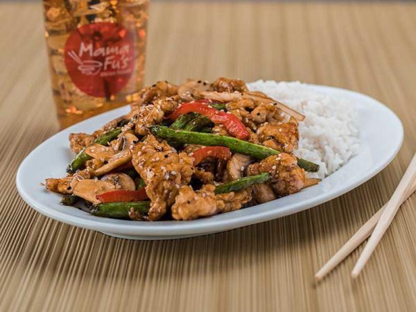 Sesame · Sweet and savory sesame sauce with green beans, garlic, and onions, red bell peppers. Topped with sesame seeds.