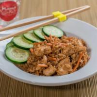 Kid's Kung Fu Fried Rice · Stir-fried rice with seared chicken, fried egg, and carrots. Includes a drink, choice of sid...