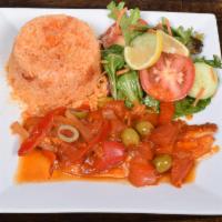 Filete a la Veracruzana · Swai fillet fish, chopped tomatoes, onion, red pepper, green olives, and olive oil. Served w...
