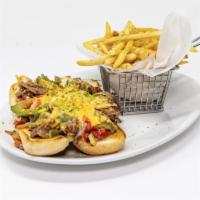 Steak Philly & Cheese Sandwich · Seared steak , onions and peppers, served on a toasted hoggie. Choice of Swiss or provolone ...