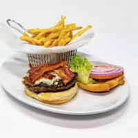 Bacon & Blue Burger · Blue cheese crumble, crispy bacon, lettuce, tomatoes and onions.