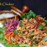 15. Larb Salad · Chicken, beef or pork. Ground meat, red onions, rice powder, mint and lime juice.