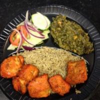 1. Chicken Kabob Platter · Marinated boneless, skinless fat free chunks of chicken. Served with naan, rice, salad, gree...