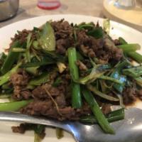 39. Lamb with Green Onions · Sauteed, garlic and ginger, spicy taste. Hot and spicy.